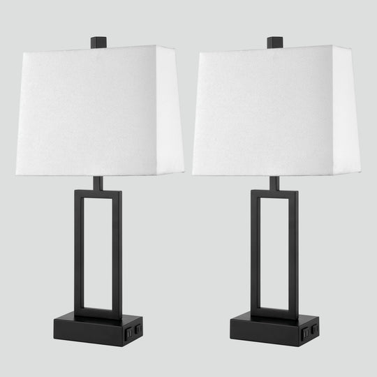 Set of 2 Black Touch Control Table Lamps with White Rectangular Shades, USB Ports & AC Outlet