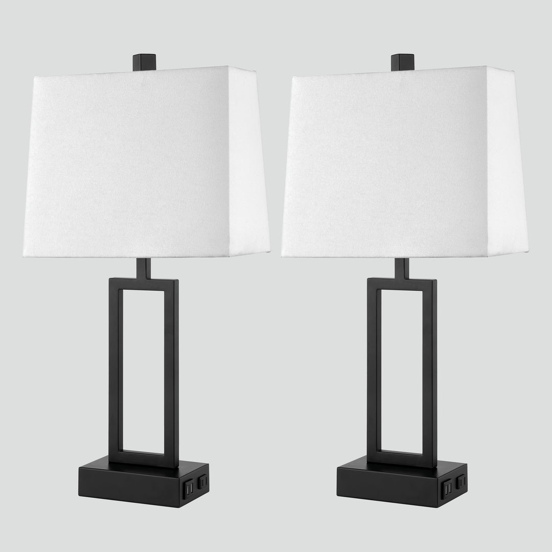 Set of 2 Black Touch Control Table Lamps with White Rectangular Shades, USB Ports & AC Outlet