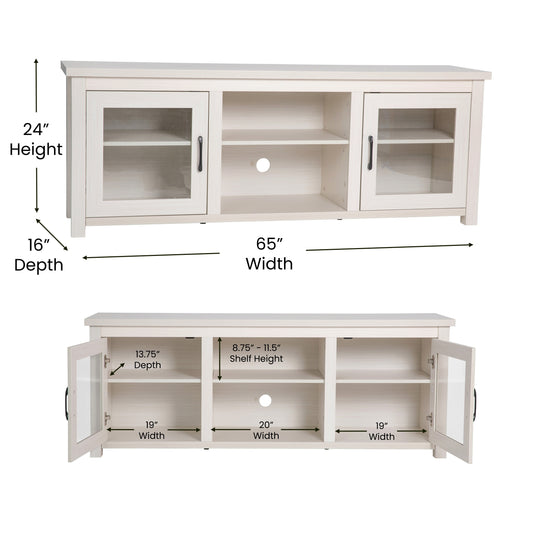 Classic TV Stand for up to 80" Tvs-Glass Fronted Doors-Modern Finish - 65"W X 16"D X 23.625"H