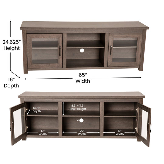 Classic TV Stand for up to 80" Tvs-Glass Fronted Doors-Modern Finish - 65"W X 16"D X 23.625"H