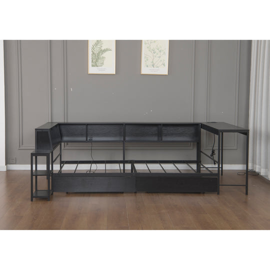 Corner Bed Frame Full Size with Bookcase Two Underbed Storage Drawers LED