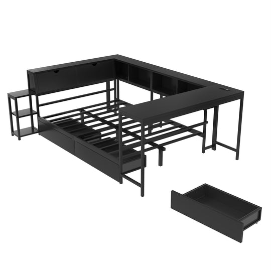 Corner Bed Frame Full Size with Bookcase Two Underbed Storage Drawers LED