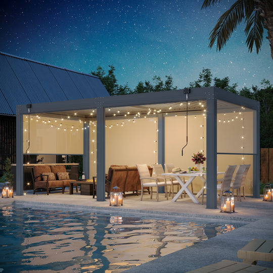 Outdoor Louvered Pergola Gazebo with Adjustable Aluminum Rainproof Roof and Pull-Down Screen