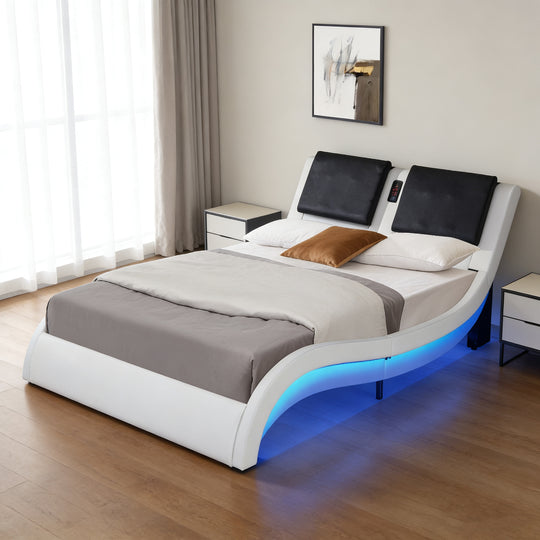 Faux Leather Upholstered Platform Bed Frame with Led Lighting, Bluetooth Connection to Play Music Control