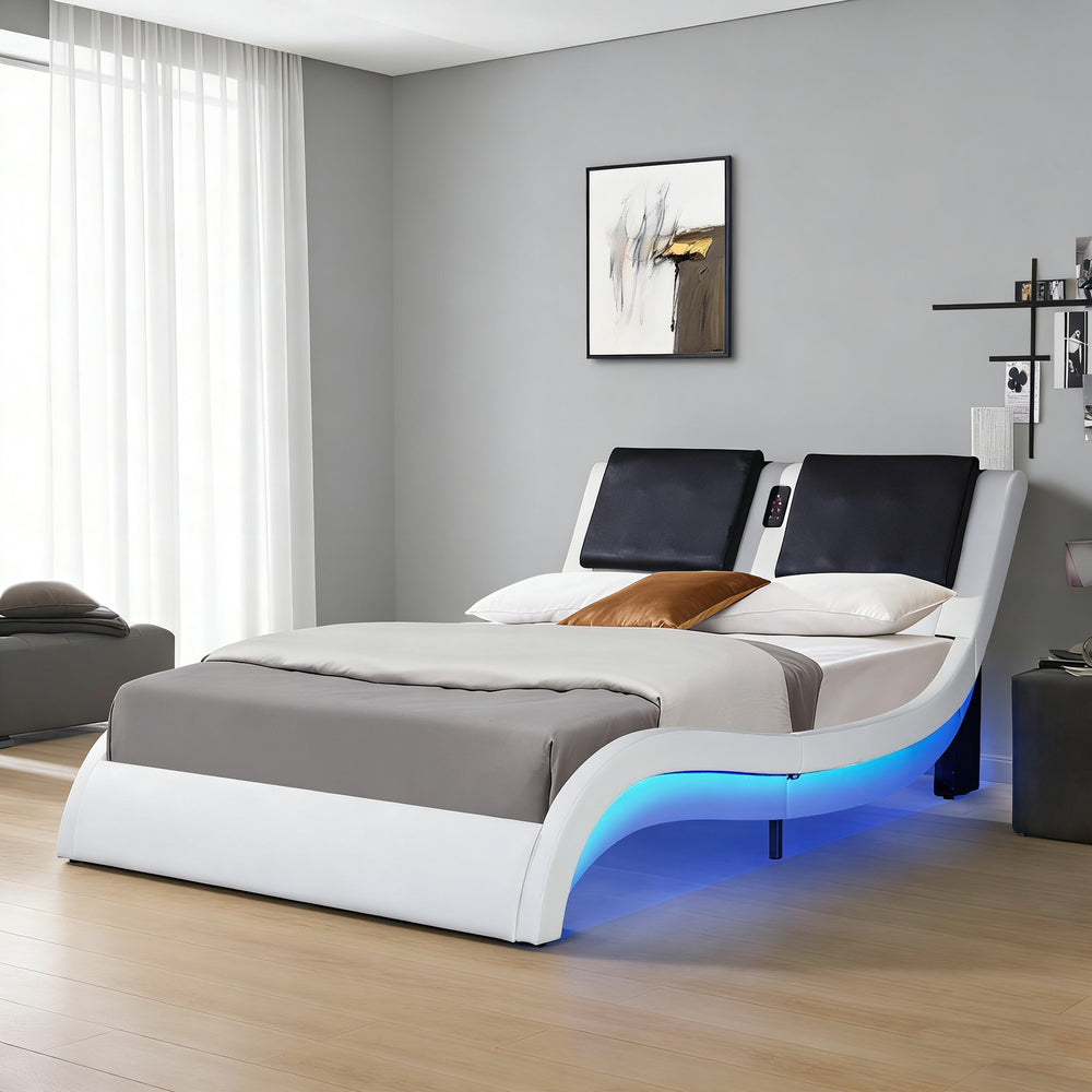 Faux Leather Upholstered Platform Bed Frame with Led Lighting, Bluetooth Connection to Play Music Control