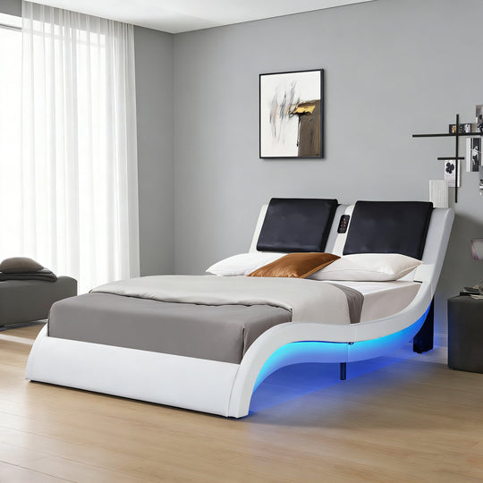 Faux Leather Upholstered Platform Bed Frame with Led Lighting, Bluetooth Connection to Play Music Control