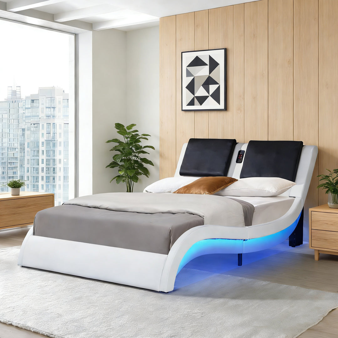 Faux Leather Upholstered Platform Bed Frame with Led Lighting, Bluetooth Connection to Play Music Control