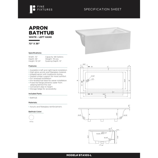 Acrylic-Fiberglass Soaking Bathtub, White. Alcove/Apron Front