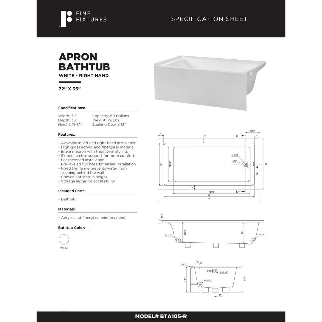 Acrylic-Fiberglass Soaking Bathtub, White. Alcove/Apron Front
