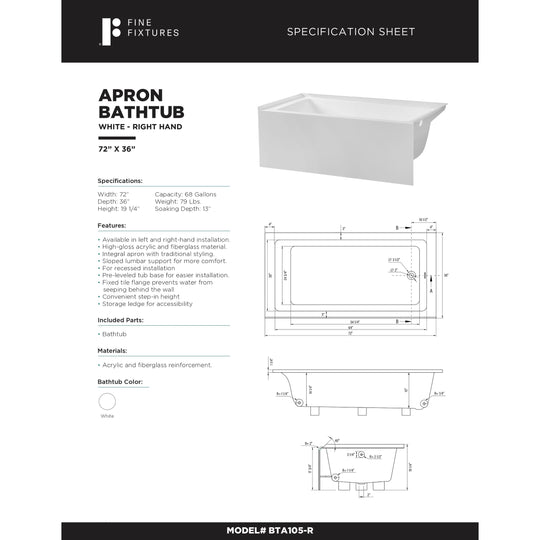 Acrylic-Fiberglass Soaking Bathtub, White. Alcove/Apron Front