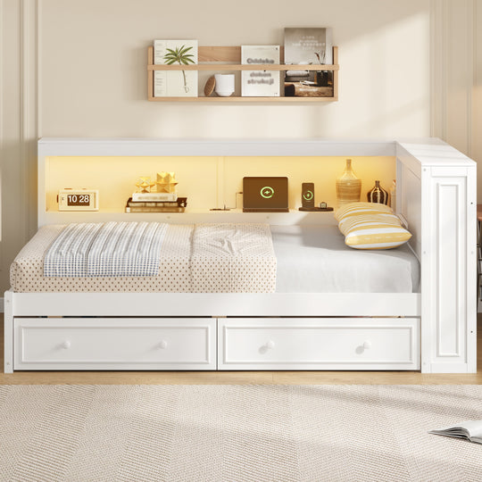 Full Size Wood Daybed with Storage Shelves, USB, LED, and 2 Drawers