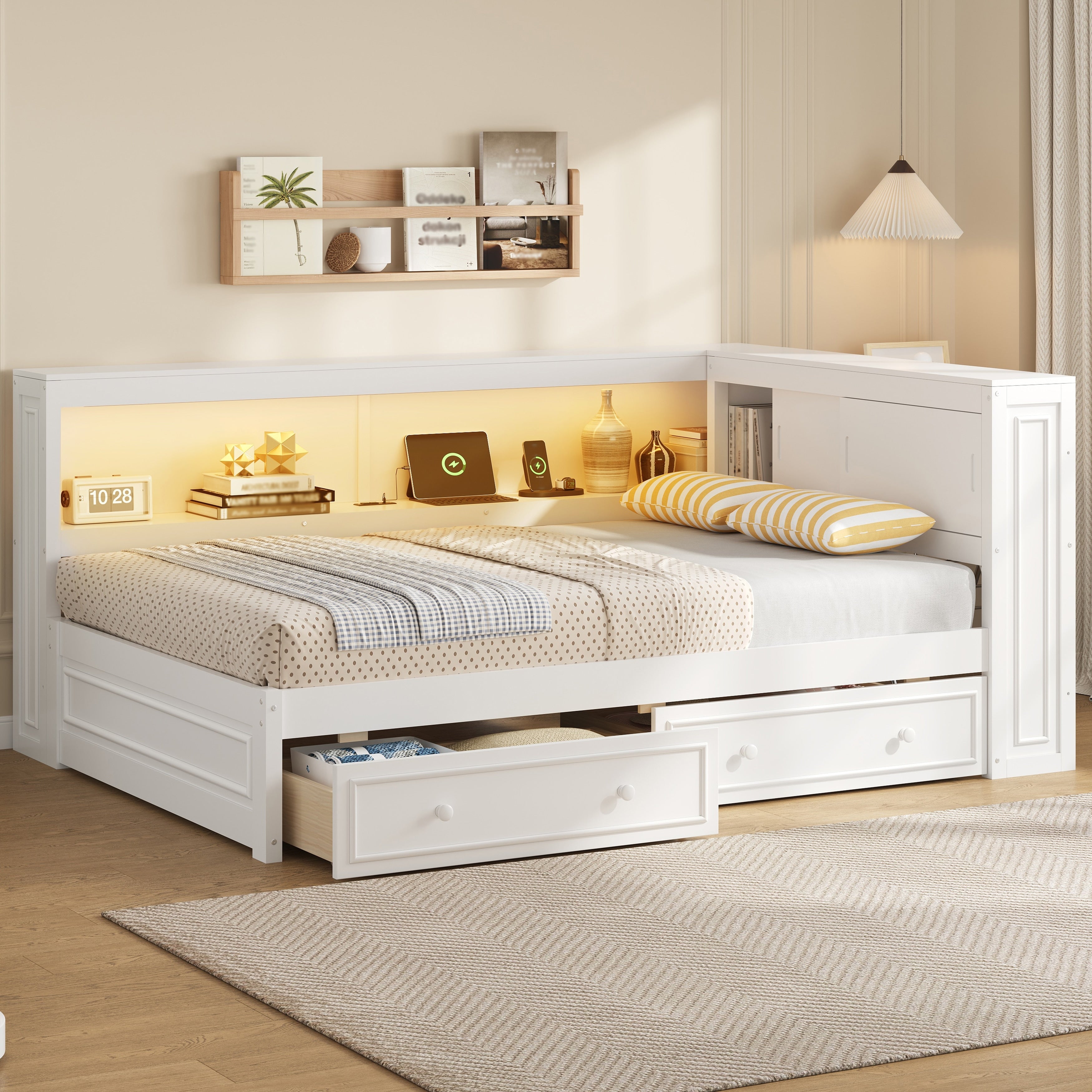 Full Size Wood Daybed with Storage Shelves, USB, LED, and 2 Drawers