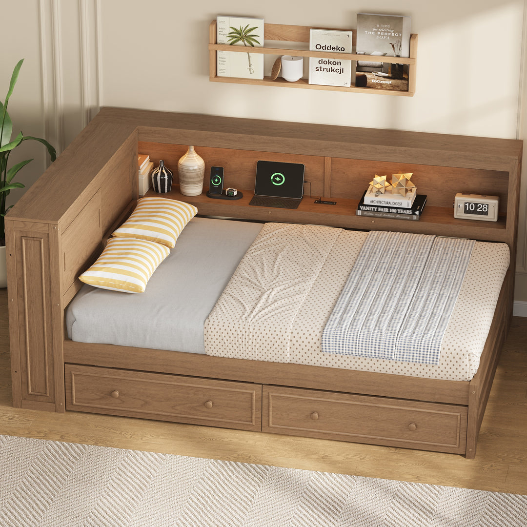 Full Size Wood Daybed with Storage Shelves, USB, LED, and 2 Drawers