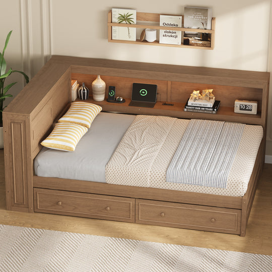 Full Size Wood Daybed with Storage Shelves, USB, LED, and 2 Drawers