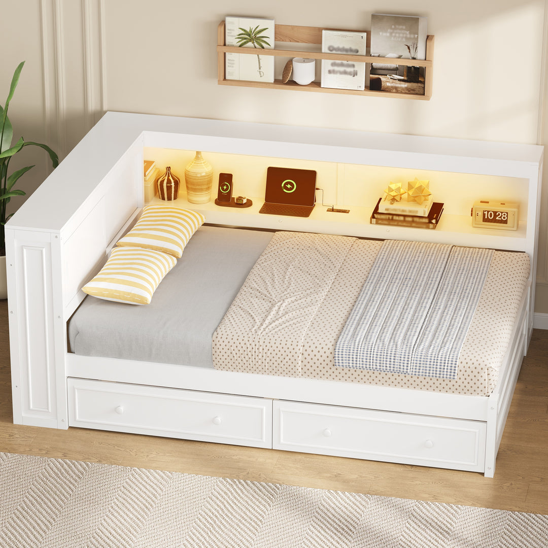 Full Size Wood Daybed with Storage Shelves, USB, LED, and 2 Drawers