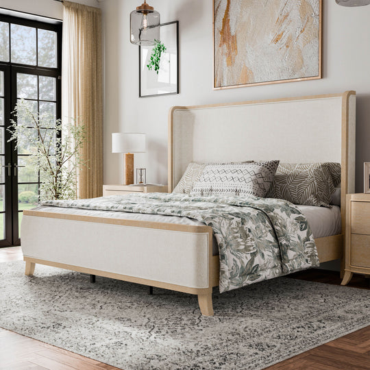 Kian Natural Oak Solid Wood Panel Bed with High Wingback Headboard