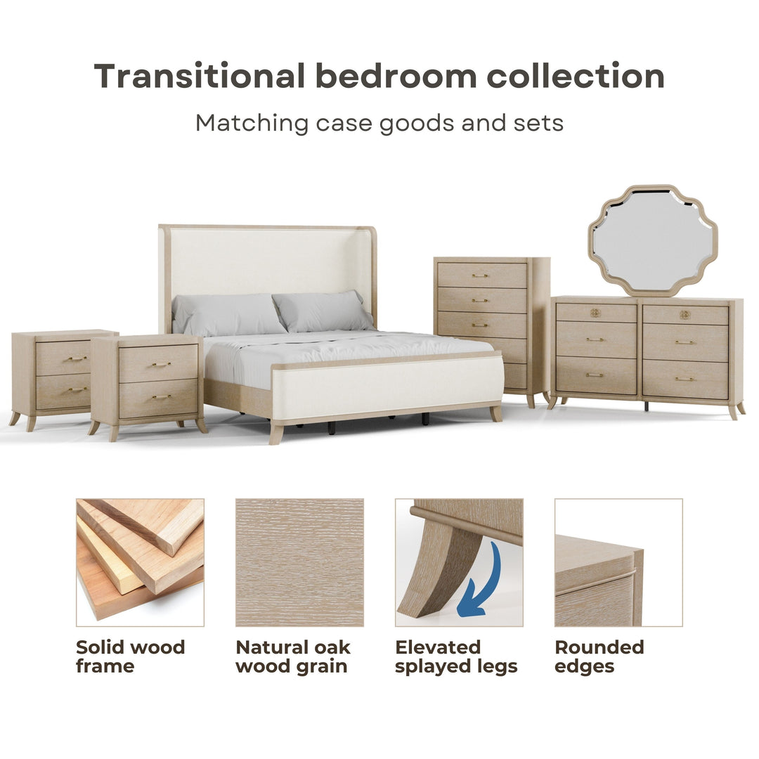 Kian Natural Oak Solid Wood Panel Bed with High Wingback Headboard