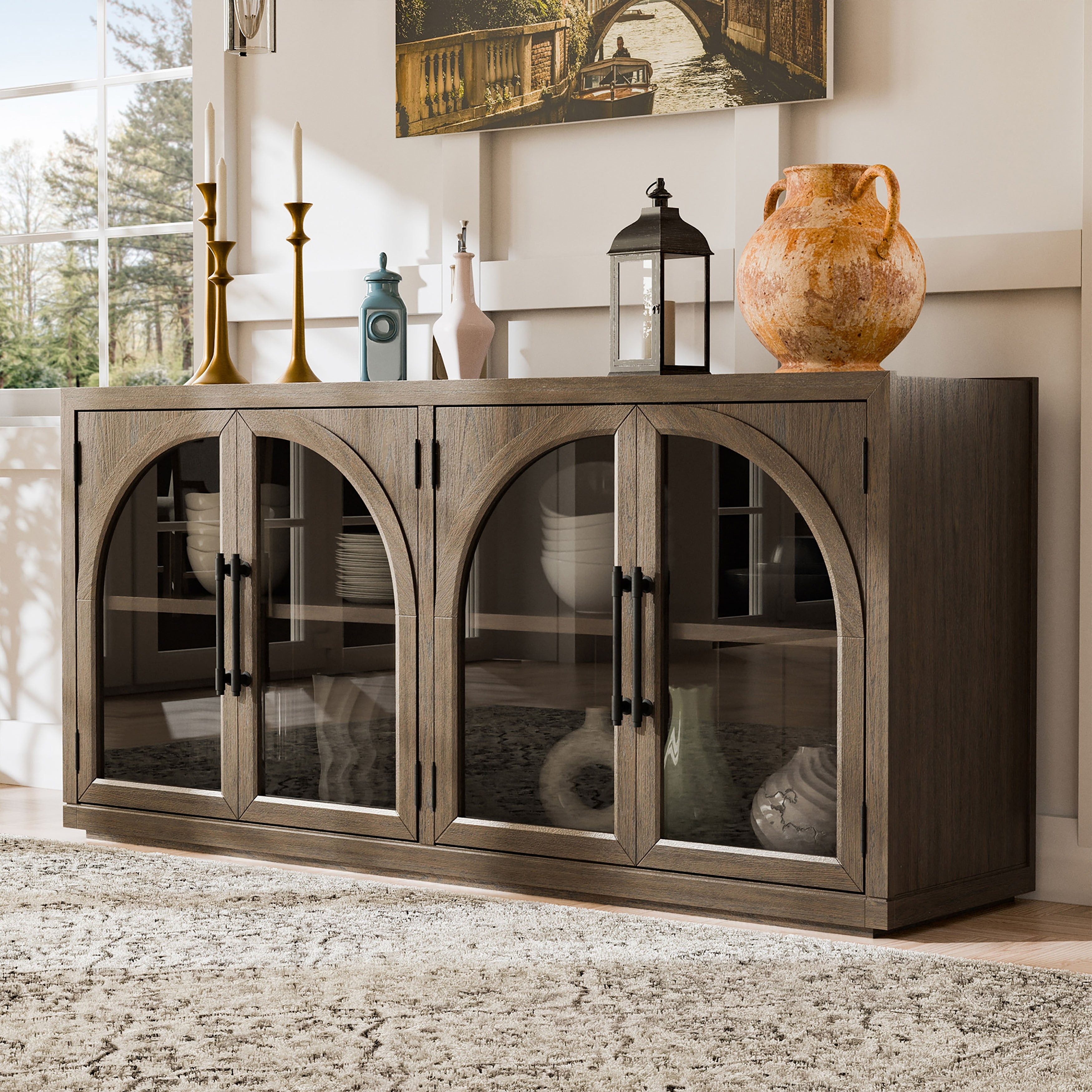 Lenn Modern Farmhouse Oak Wood 4-Door Dining Server with Glass Doors