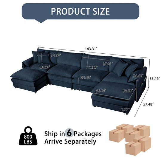 - 6-Piece Modular U-Shaped 143.31" Sectional Sofa with 2 Movable Ottomans
