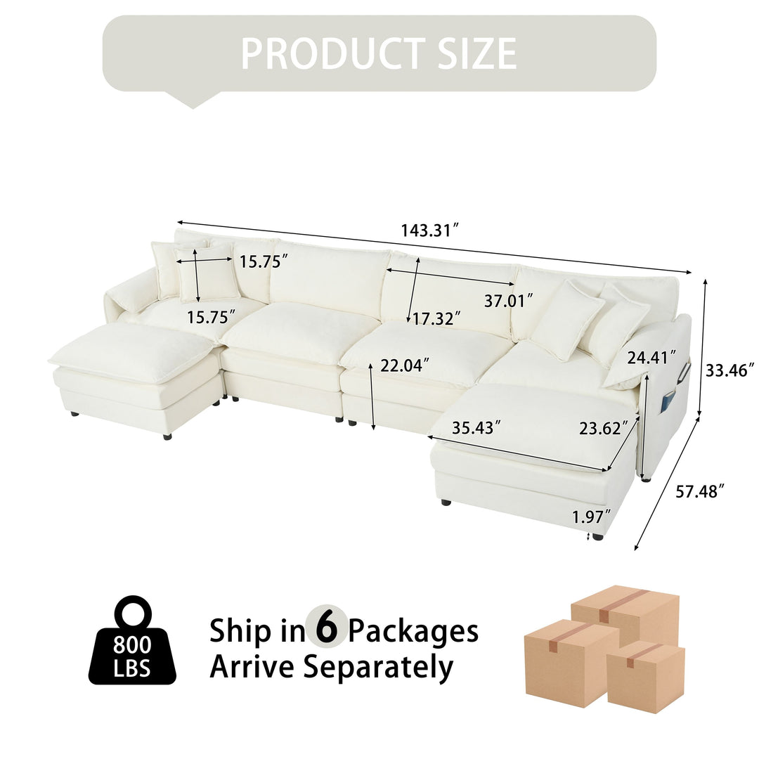 - 6-Piece Modular U-Shaped 143.31" Sectional Sofa with 2 Movable Ottomans