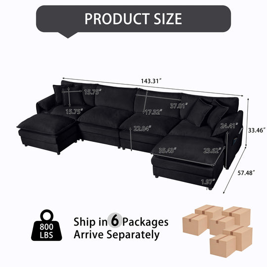 - 6-Piece Modular U-Shaped 143.31" Sectional Sofa with 2 Movable Ottomans
