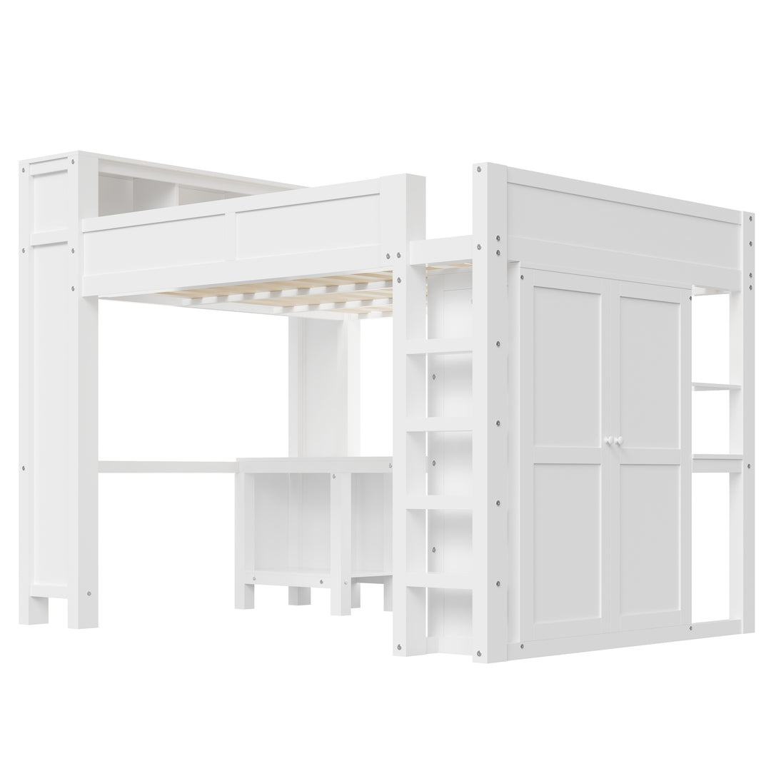 Heavy-Duty Loft Bed Queen Size Loft Frame with Wardrobe Desk USB