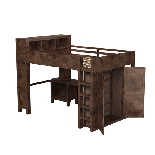 Heavy-Duty Loft Bed Queen Size Loft Frame with Wardrobe Desk USB