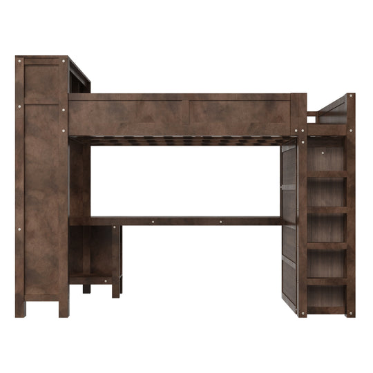 Heavy-Duty Loft Bed Queen Size Loft Frame with Wardrobe Desk USB