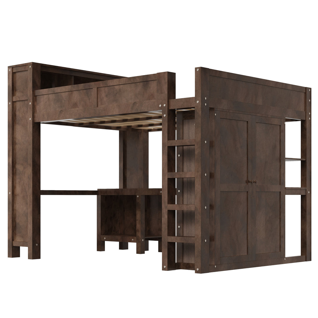 Heavy-Duty Loft Bed Queen Size Loft Frame with Wardrobe Desk USB