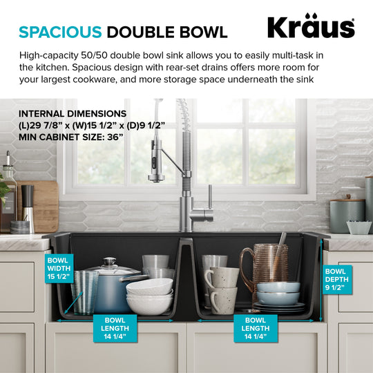 Granite 33 Inch 2-Bowl Undermount Drop-In Kitchen Sink