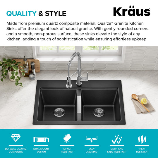 Granite 33 Inch 2-Bowl Undermount Drop-In Kitchen Sink