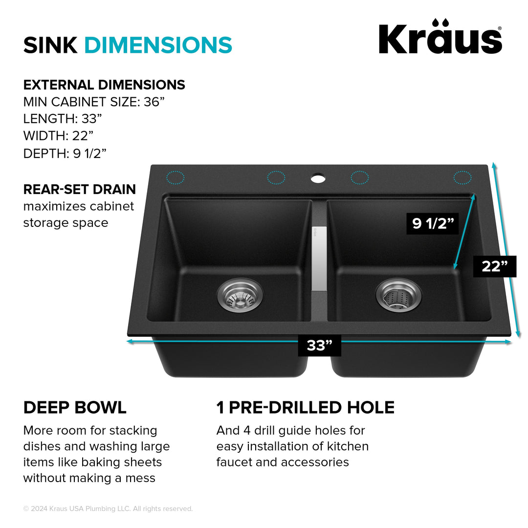 Granite 33 Inch 2-Bowl Undermount Drop-In Kitchen Sink