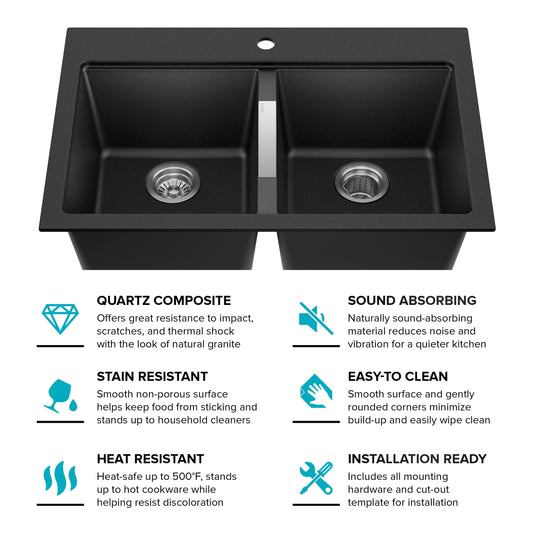 Granite 33 Inch 2-Bowl Undermount Drop-In Kitchen Sink
