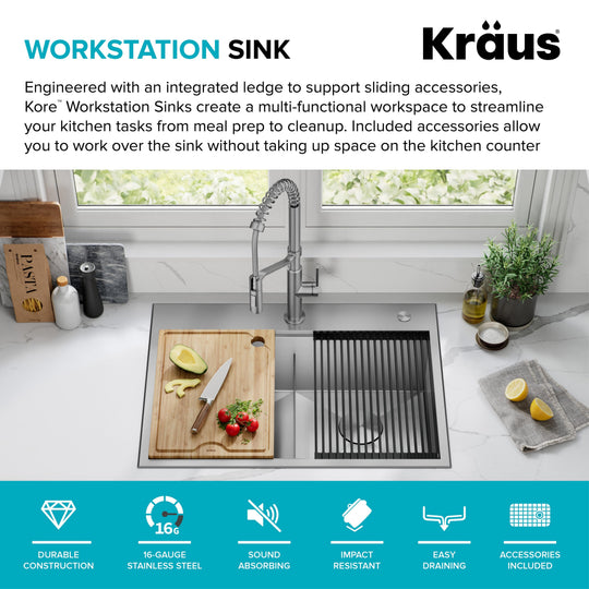 Kore Workstation Drop-In Stainless Steel Kitchen Sink