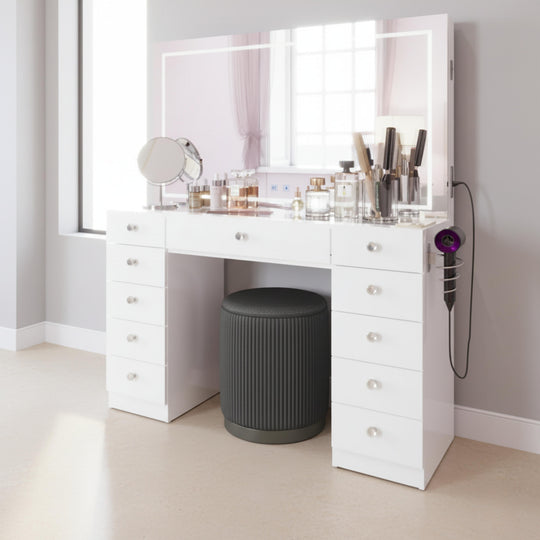 Makeup Vanity Desk W/ Free Black Storage Stool, Full-Width, Dimmable LED Mirror, Bluetooth, 11 Drawers