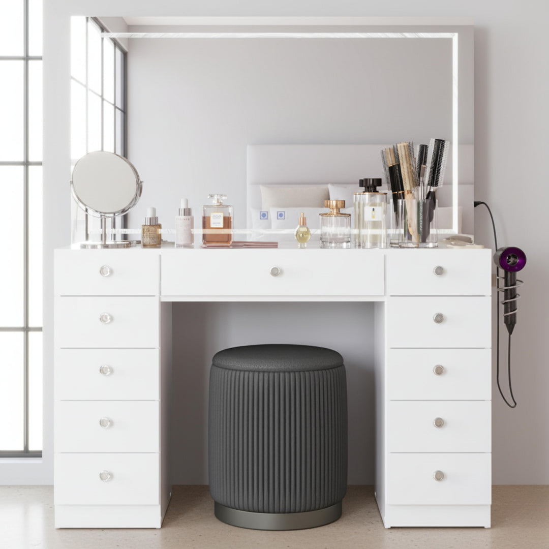 Makeup Vanity Desk W/ Free Black Storage Stool, Full-Width, Dimmable LED Mirror, Bluetooth, 11 Drawers