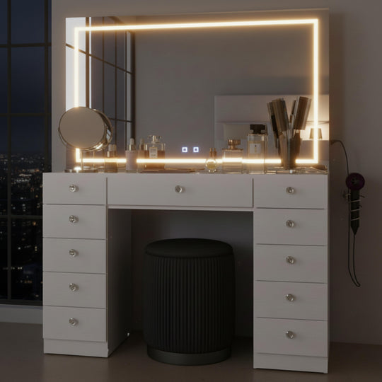 Makeup Vanity Desk W/ Free Black Storage Stool, Full-Width, Dimmable LED Mirror, Bluetooth, 11 Drawers