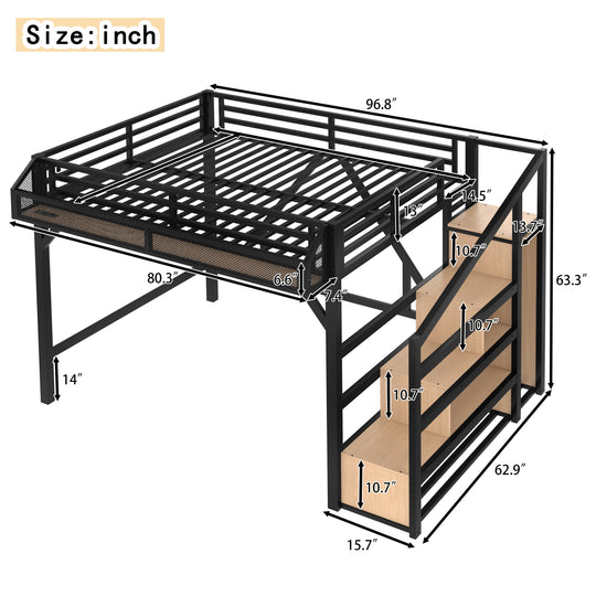 Metal Loft Bed with Storage Stairs, Built-In Wardrobe, Shelves, USB Ports, LED Lights & Noise-Reduced Frame