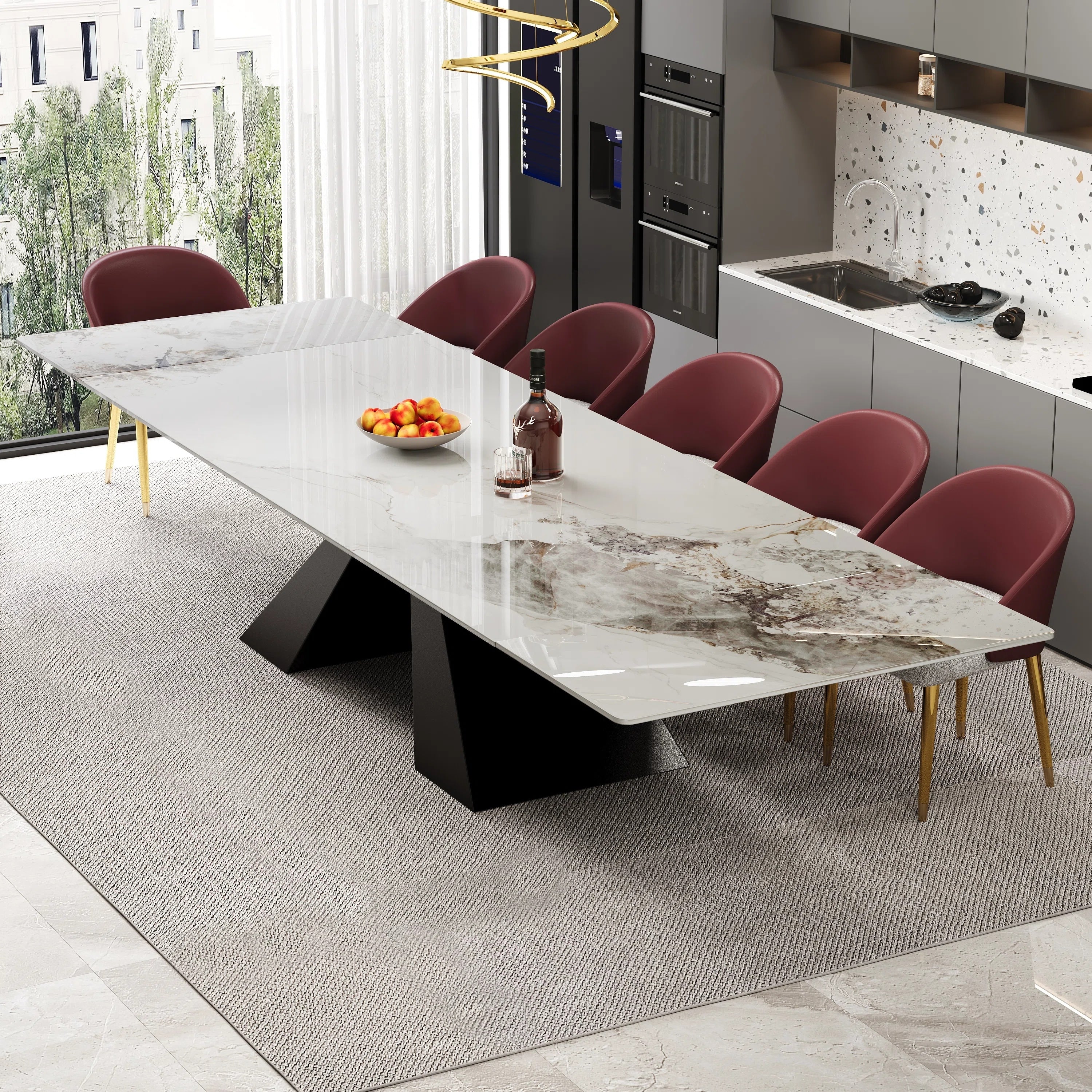 Minimalism Extendable Rectangular Sintered Stone Double Pedestal Dining Table Seat for 8-12 - 110.24"