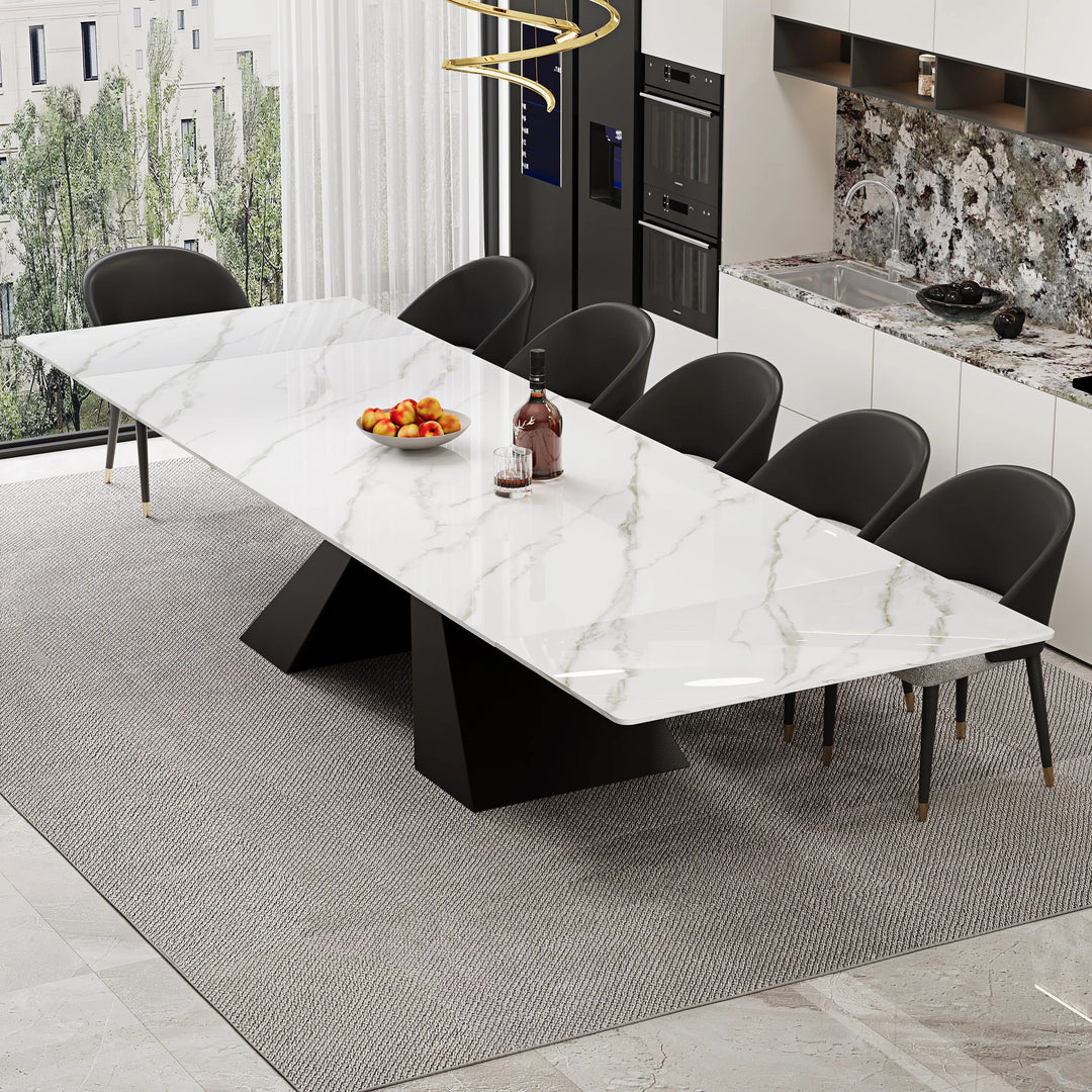 Minimalism Extendable Rectangular Sintered Stone Double Pedestal Dining Table Seat for 8-12 - 110.24"
