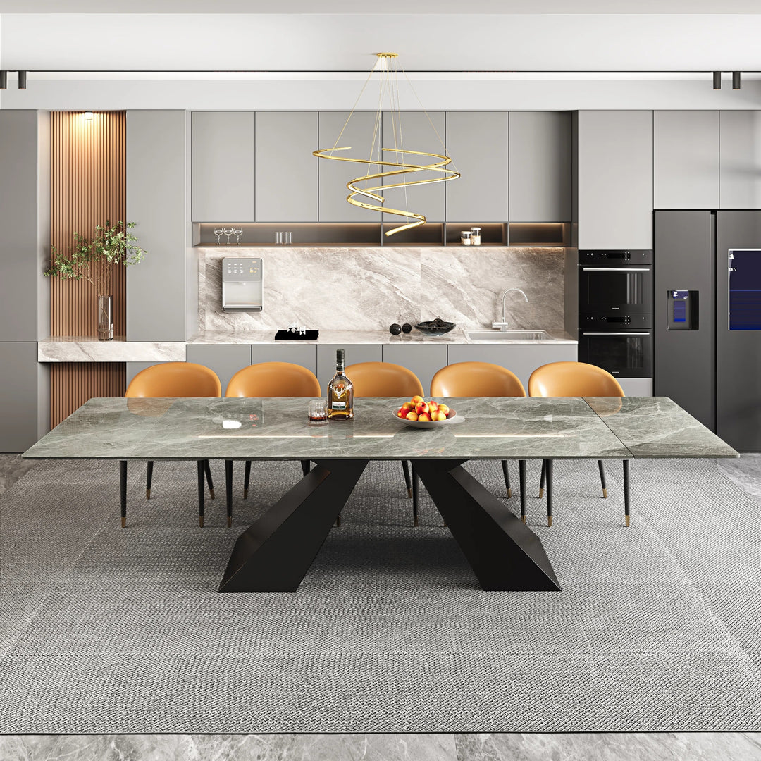 Minimalism Extendable Rectangular Sintered Stone Double Pedestal Dining Table Seat for 8-12 - 110.24"