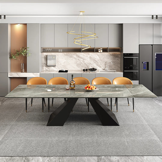 Minimalism Extendable Rectangular Sintered Stone Double Pedestal Dining Table Seat for 8-12 - 110.24"