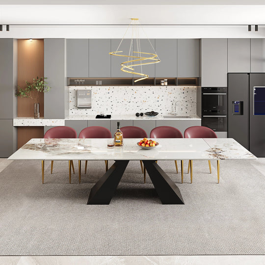 Minimalism Extendable Rectangular Sintered Stone Double Pedestal Dining Table Seat for 8-12 - 110.24"