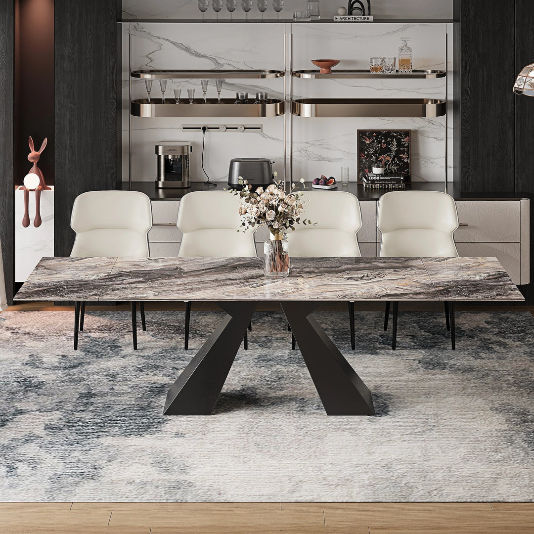 Minimalism Extendable Rectangular Sintered Stone Double Pedestal Dining Table Seat for 8-12 - 110.24"