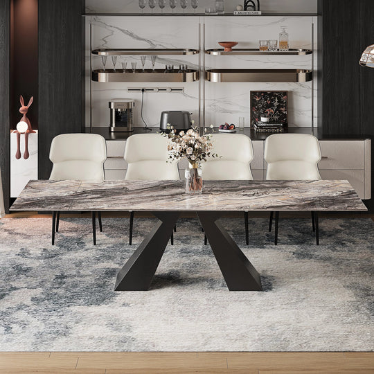 Minimalism Extendable Rectangular Sintered Stone Double Pedestal Dining Table Seat for 8-12 - 110.24"