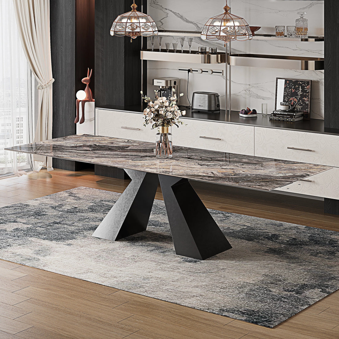 Minimalism Extendable Rectangular Sintered Stone Double Pedestal Dining Table Seat for 8-12 - 110.24"
