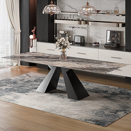 Minimalism Extendable Rectangular Sintered Stone Double Pedestal Dining Table Seat for 8-12 - 110.24"