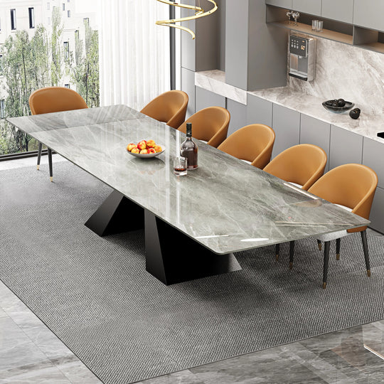 Minimalism Extendable Rectangular Sintered Stone Double Pedestal Dining Table Seat for 8-12 - 110.24"