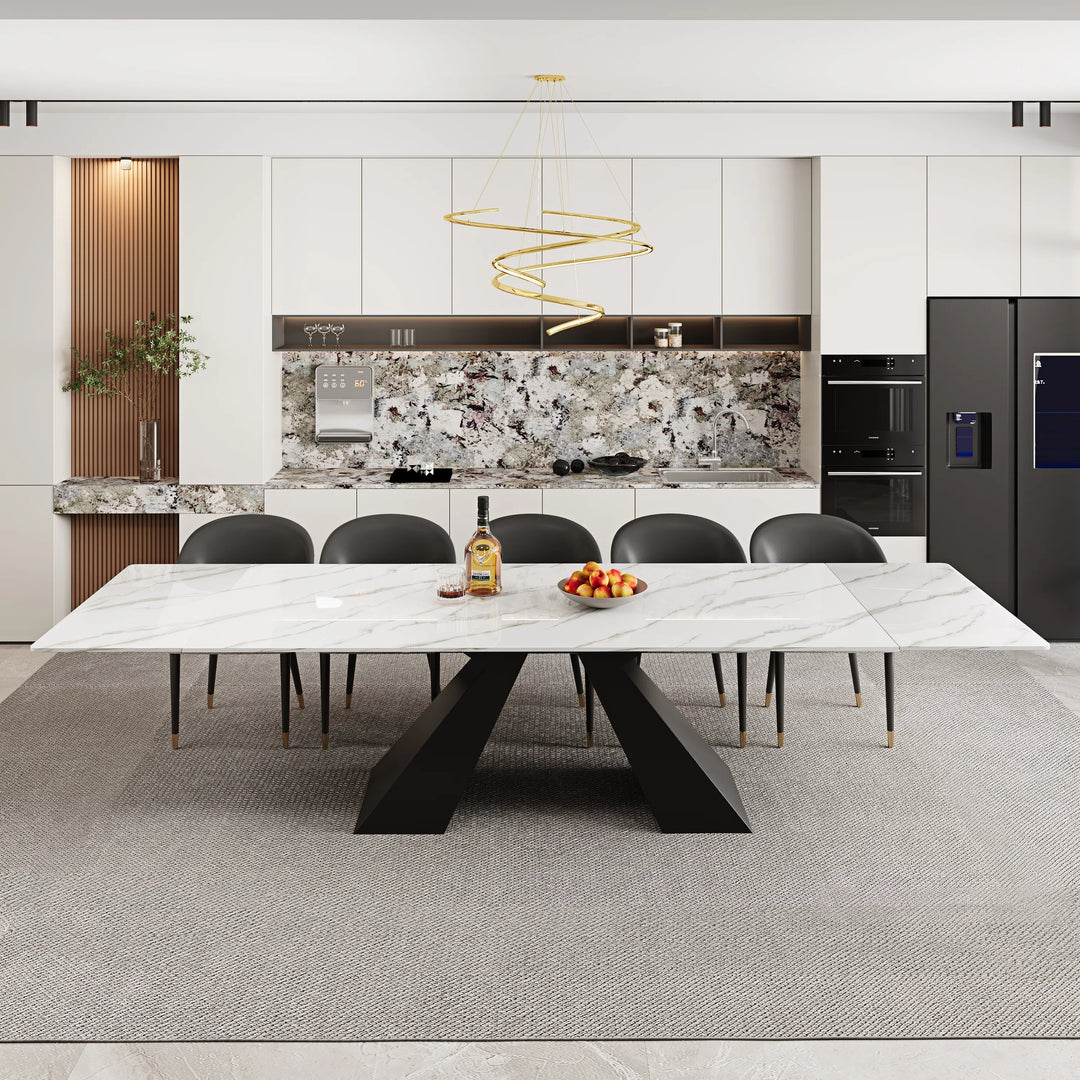 Minimalism Extendable Rectangular Sintered Stone Double Pedestal Dining Table Seat for 8-12 - 110.24"