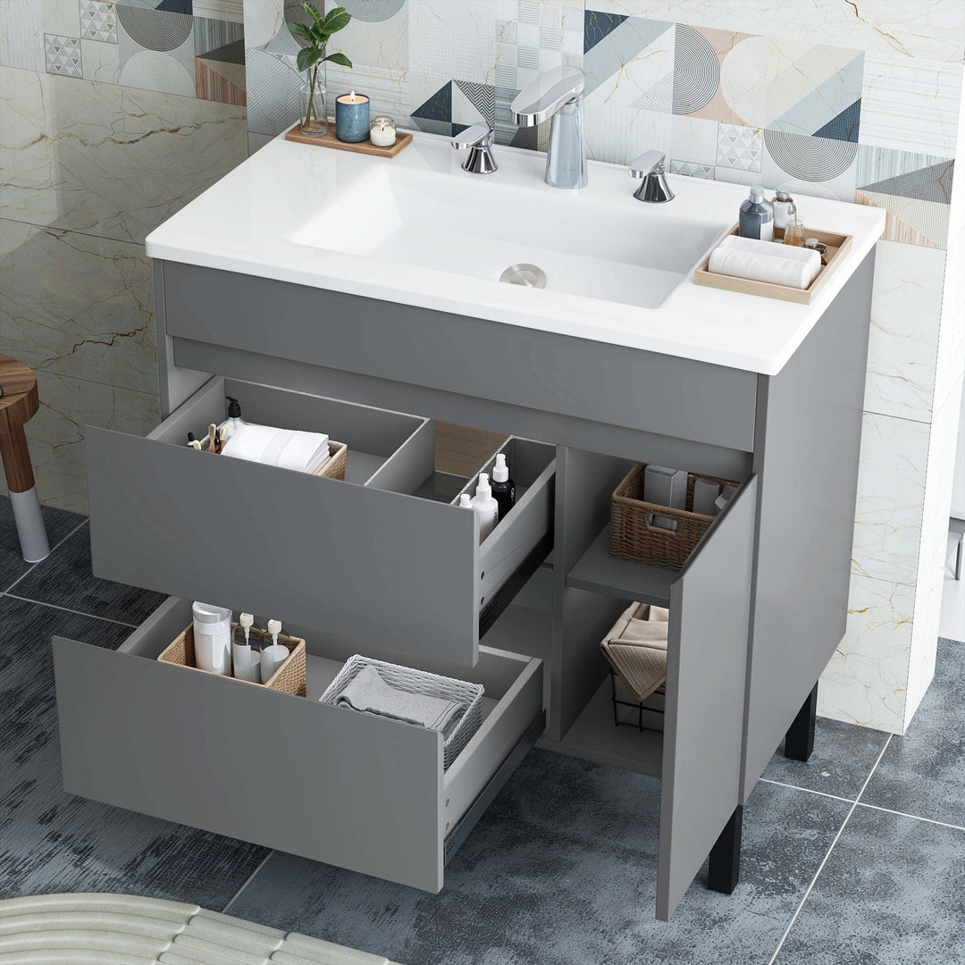 37" Freestanding Single Bathroom Vanity with 1 Soft Closing Cabinet & 2 Drawers